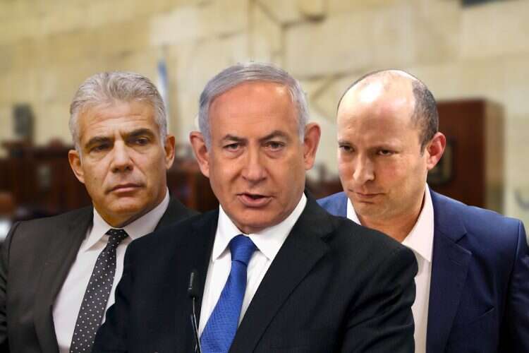 Yesh Atid leader Yair Lapid, Prime Minister Benjamin Netanyahu, and Yamina leader Naftali Bennett