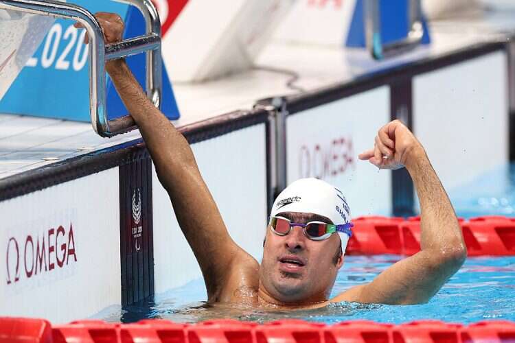 Iyad Shalabi of Team Israle reacts after winning the gold medal in the men's 50m Backstroke, Sept. 2, 2021