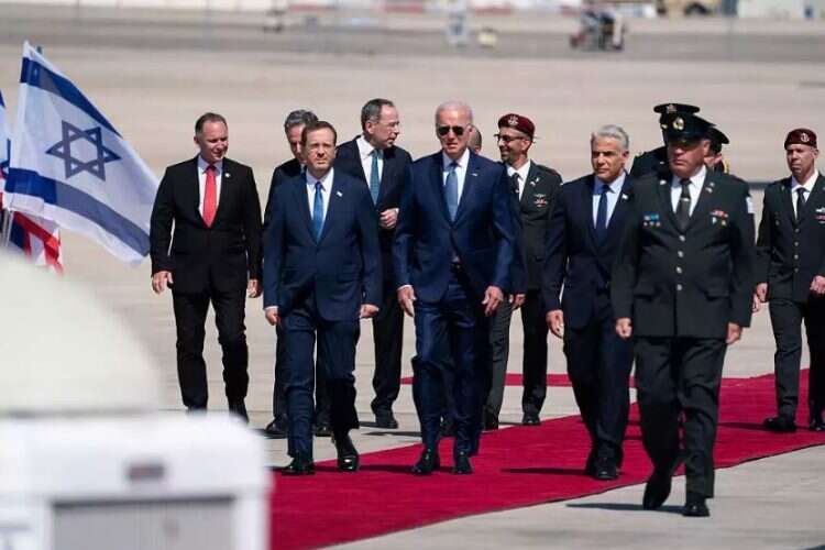 President Isaac Herzog, US President Joe Biden and Prime Minister Yair Lapid at Ben Gurion Airport, July 13, 2022