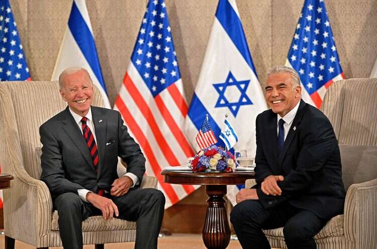 US President Joe Biden and Prime Minister Yair Lapid meet in Jerusalem, July 14, 2022 (GPO/Kobi Gideon)