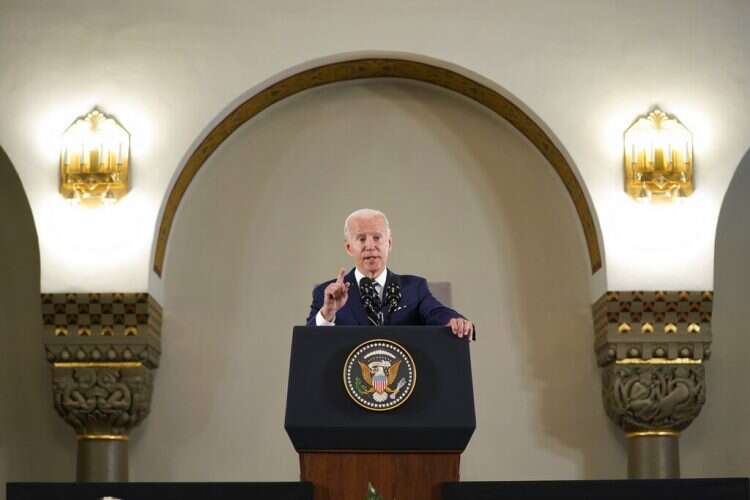 US President Joe Biden gives his remarks after his visit to Augusta Victoria Hospital in east Jerusalem, Friday, July 15, 2022