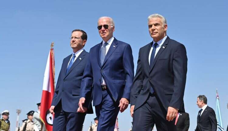 President Isaac Herzog, US President Joe Biden, and Prime Minister Yair Lapid at Ben-Gurion Airport, July, 13, 2022