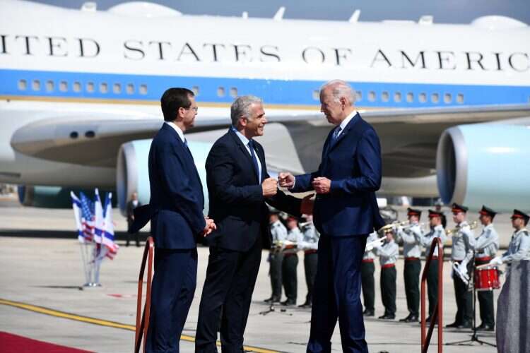 President Isaac Herzog, Prime Minister Yair Lapid, and US President Joe Biden, at Ben-Gurion International Airport, July 13, 2022