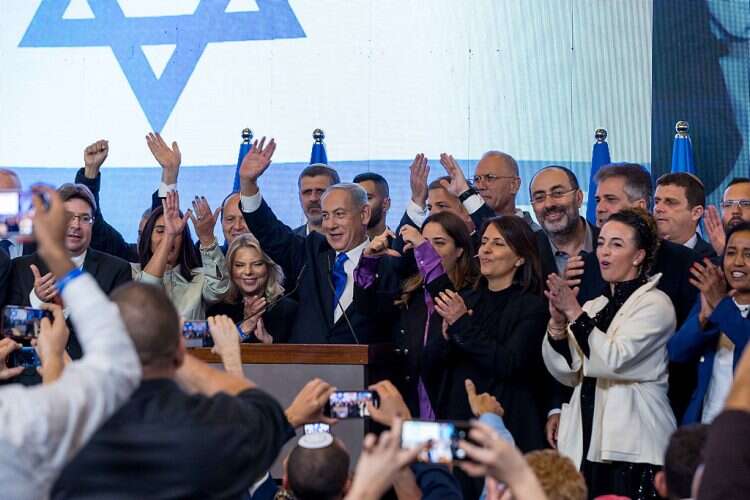 Likud leader Benjamin Netanyahu with supporters after  the Nov. 1 election results were announced, Novemeber 2022