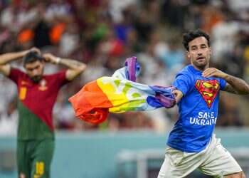 Protester with rainbow flag interrupts World Cup match