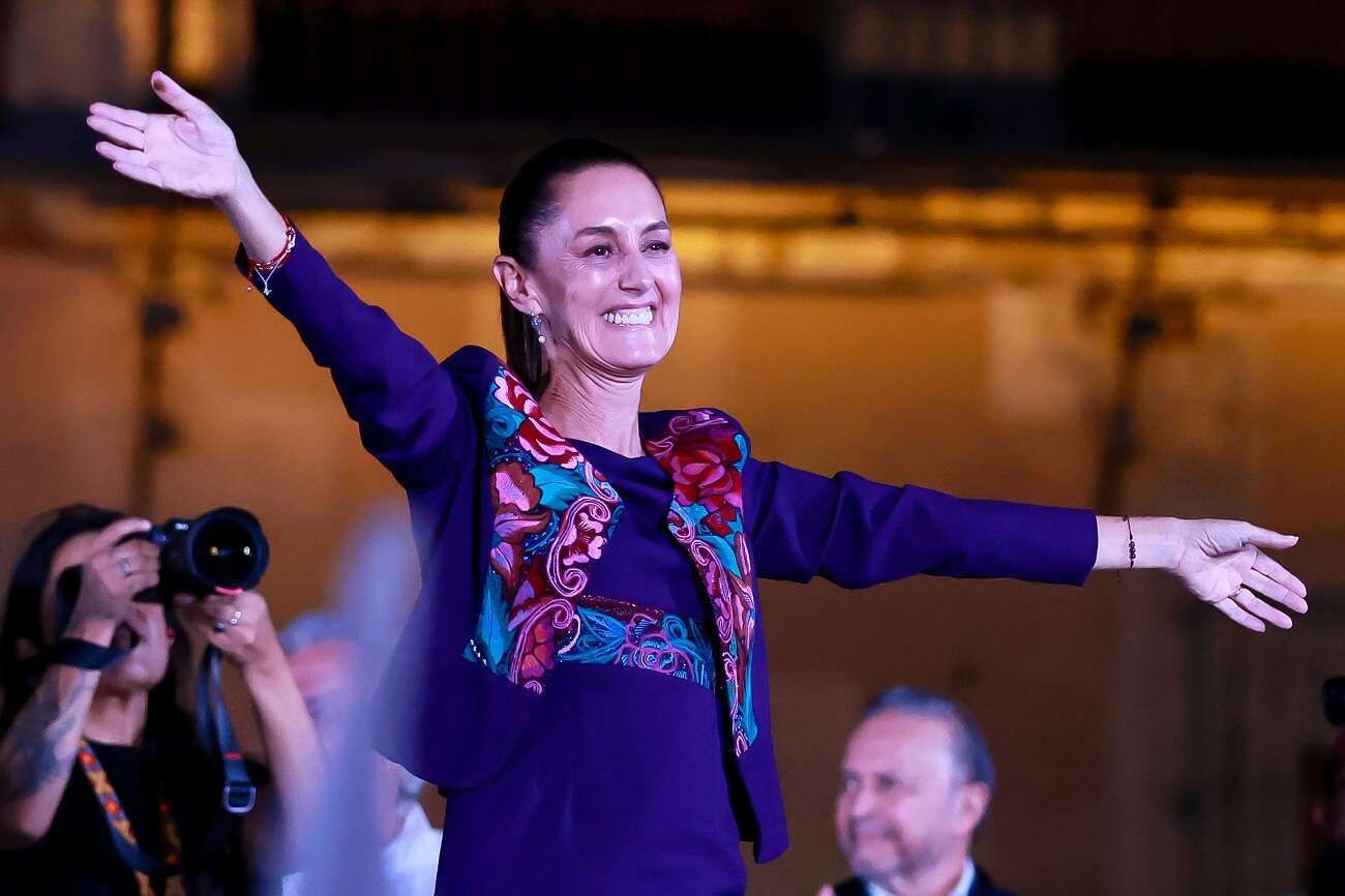 Claudia Sheinbaum waves at supporters after the presidential election at Zocalo Square, June 3, 2024 in Mexico City, Mexico (Manuel Velasquez/Getty Images)