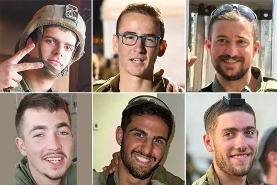 Top row, from left to right: Sgt. Stanislav Kostarev, Sgt. Or Blumovitz, Cpt. Wassem Mahmoud; bottom row, from left to right: Sgt. Oz Yeshaya Gruber, Sgt. Itay Amar, Sgt. Eliyahu Moshe Zimbalist (IDF Spokesperson's Unit)