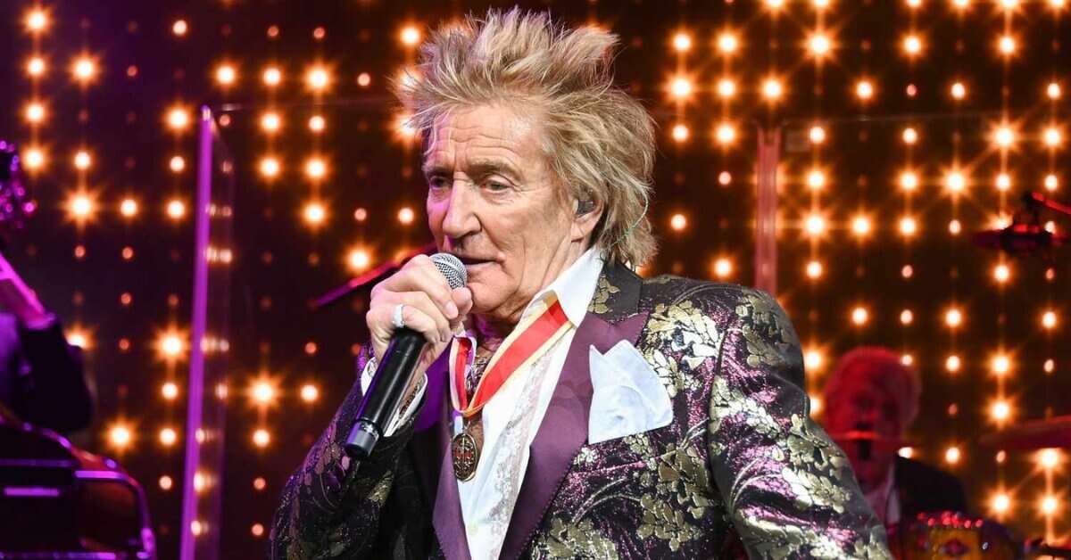 Rod Stewart performing live during his 2025 concert tour