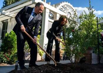 Harris plants pomegranate tree to honor Oct. 7 victims