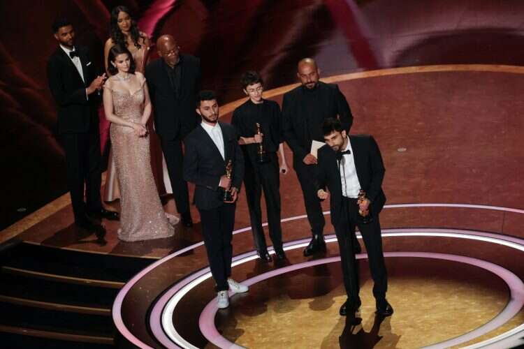 Basel Adra, Rachel Szor, Hamdan Ballal and Yuval Abraham win the Oscar for Best Documentary Feature Film for "No Other Land" during the Oscars show at the 97th Academy Awards in Hollywood, Los Angeles, California, US, March 2, 2025