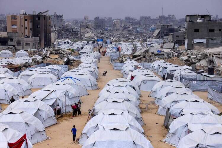 Tents set up at the Jabalia camp for displaced Palestinians in the northern Gaza Strip on April 8, 2025